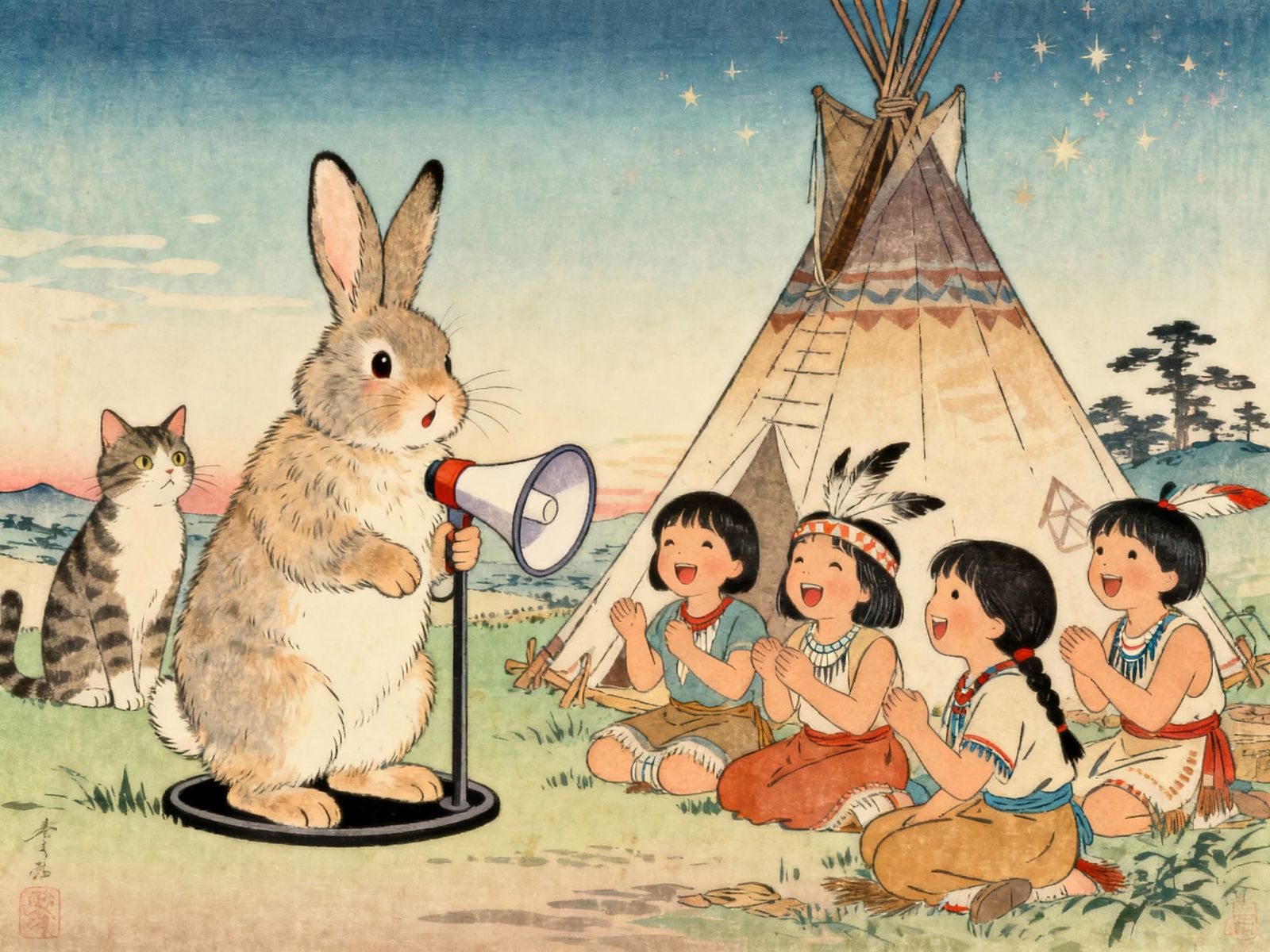 Fluffy Jackalope Entertains Children in Tipi, Ukiyo-e Kawaii...