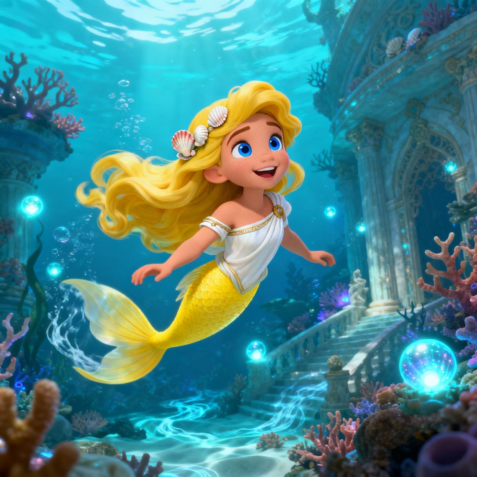 Cheerful Mermaid Thetis Swims in Underwater Palace