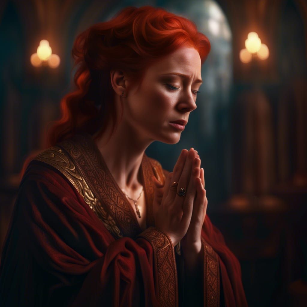 Red-Headed Woman Praying: Dramatic Digital Painting