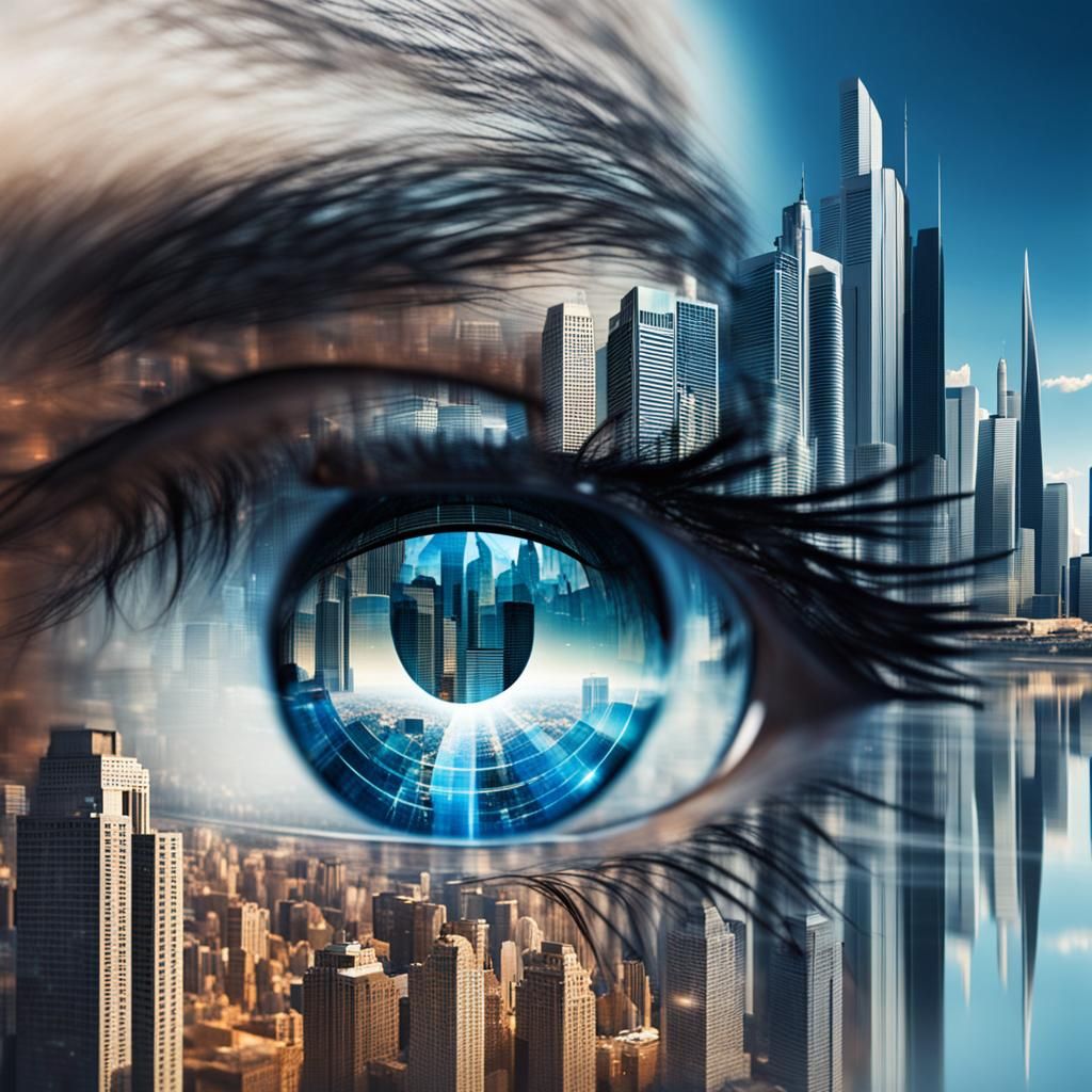 Eye Reflecting a Cyberpunk Cityscape