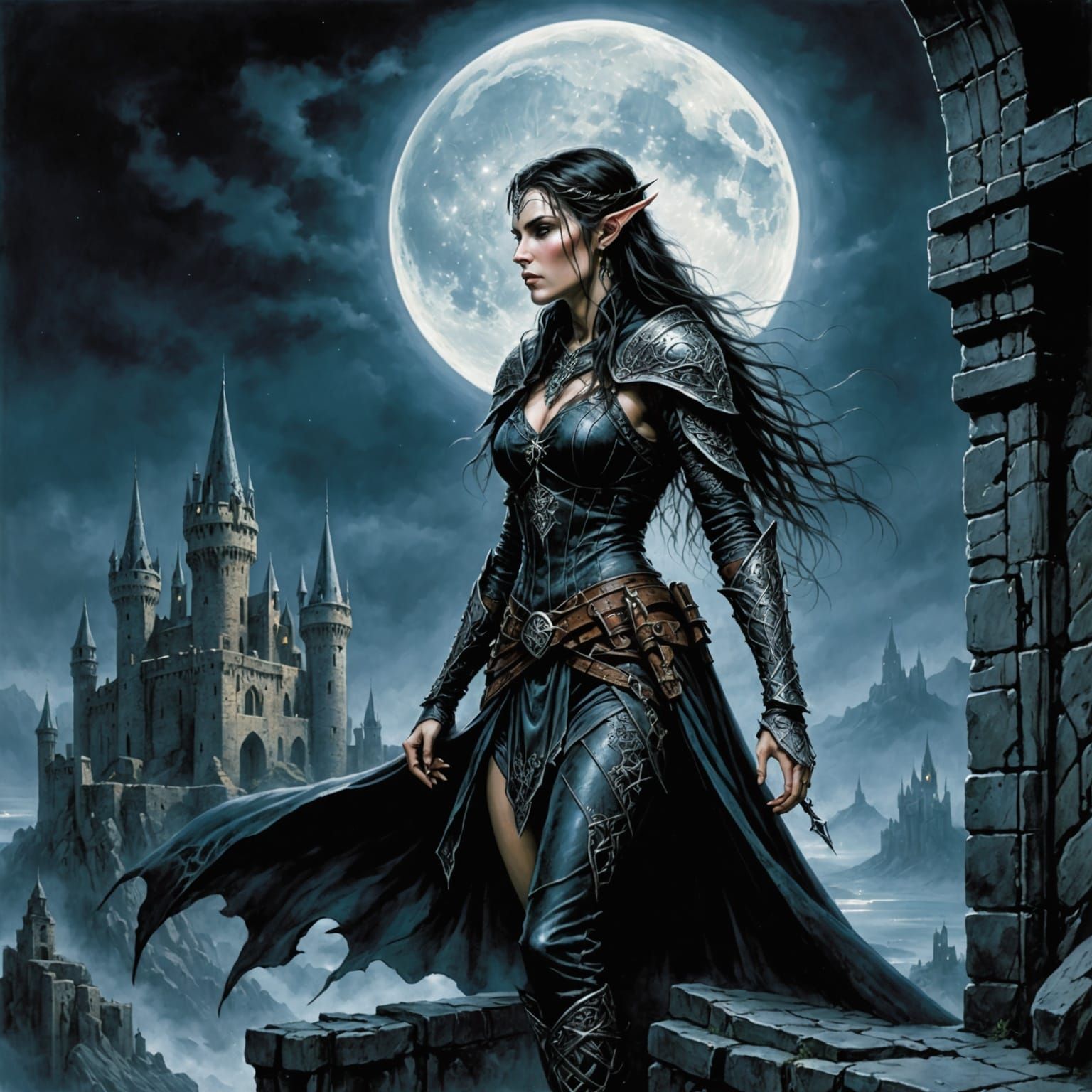 Mysterious Elven Assassin Climbs Castle Wall Under Moonlight