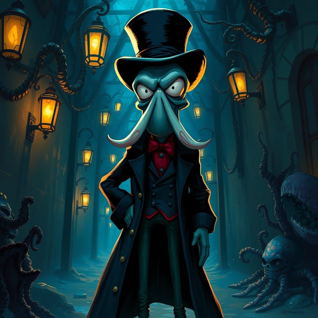 Squidward Tentacles in Dark Victorian Underwater Scene