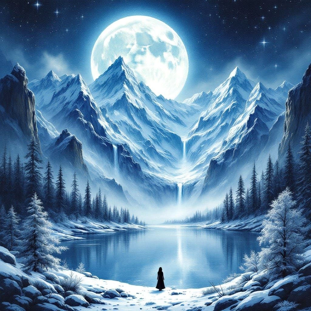 Majestic Mountains Under a Brilliant Moonlit Sky