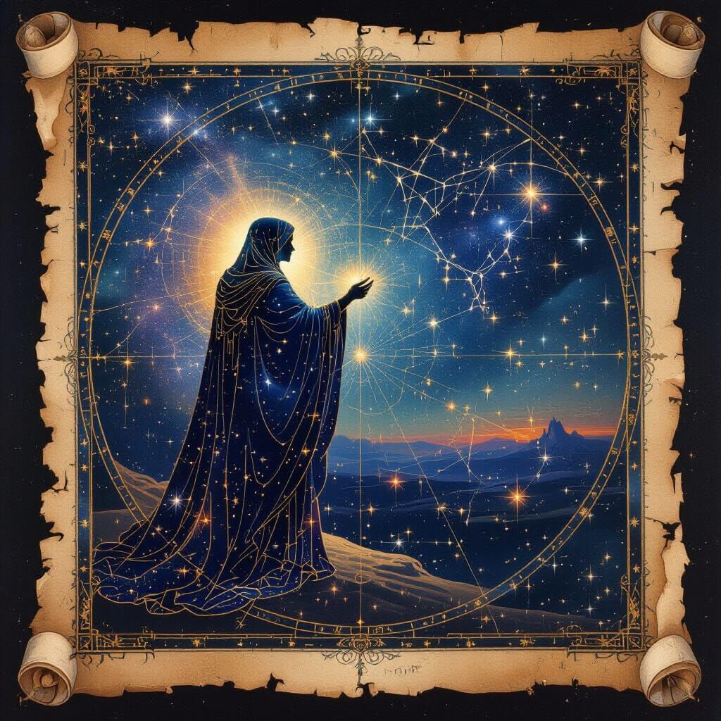 Celestial Cartographer Mapping Stars in Nebula Robes