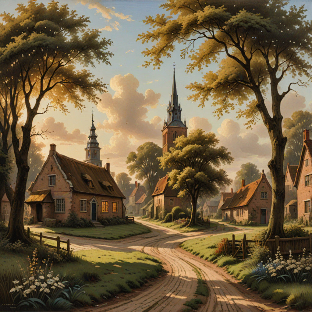 Nostalgic 17th Century Dutch Village Landscape in Oil on Can...