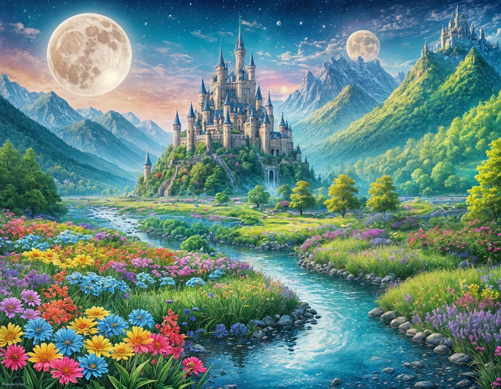 Vibrant Castle Scene Under a Giant Moonlit Sky