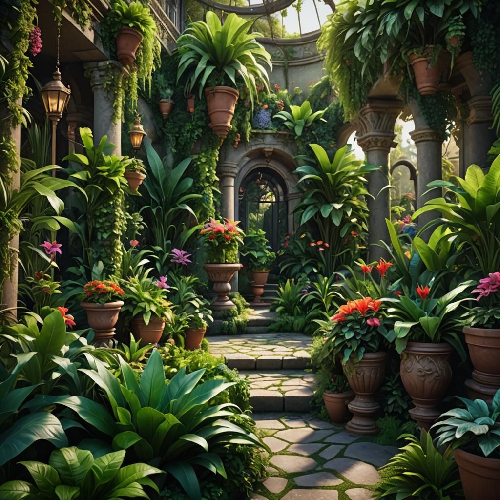 Lush Garden with Potted Plants: Detailed Matte Painting