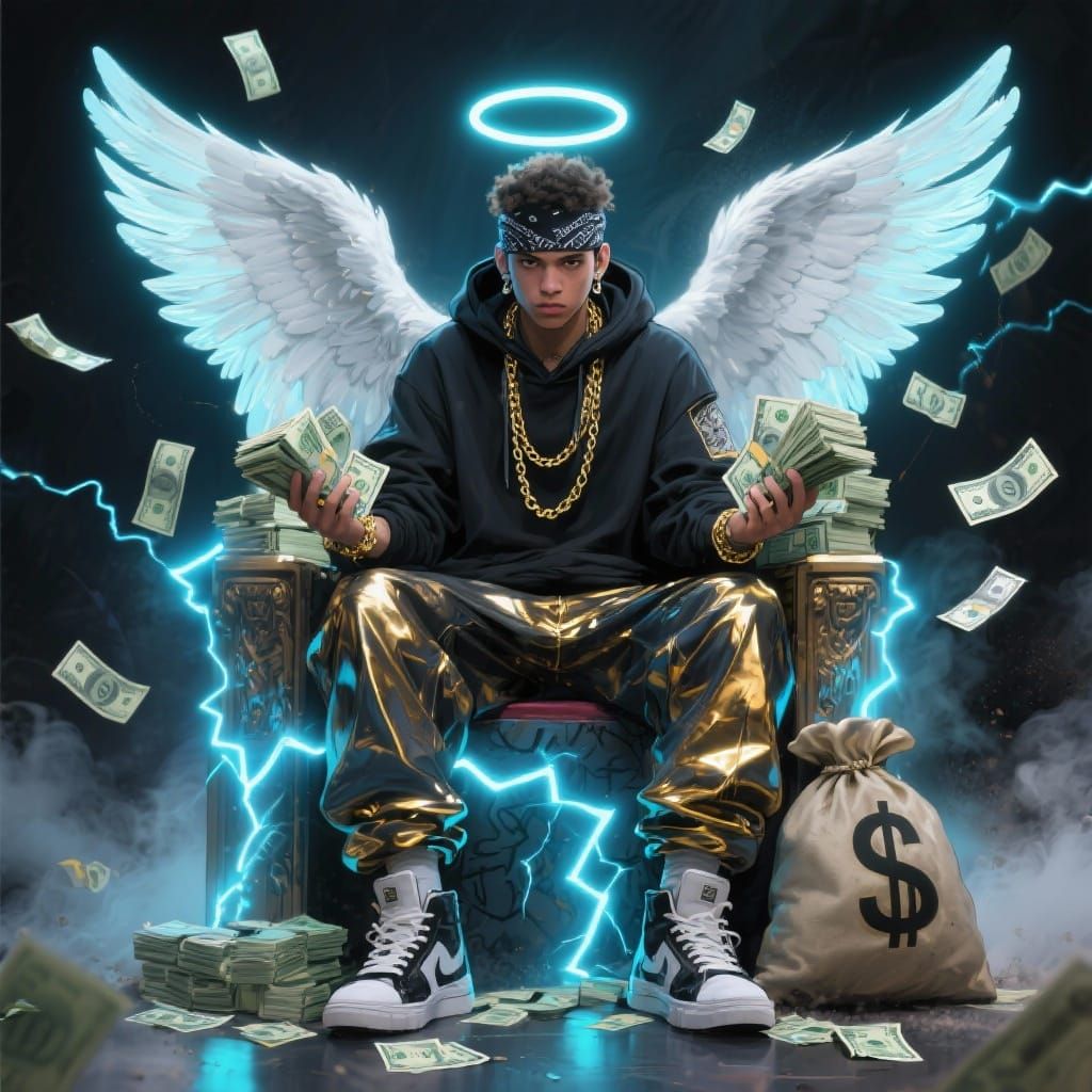 Streetwear Angel on Money Throne, Urban Rebellion Art
