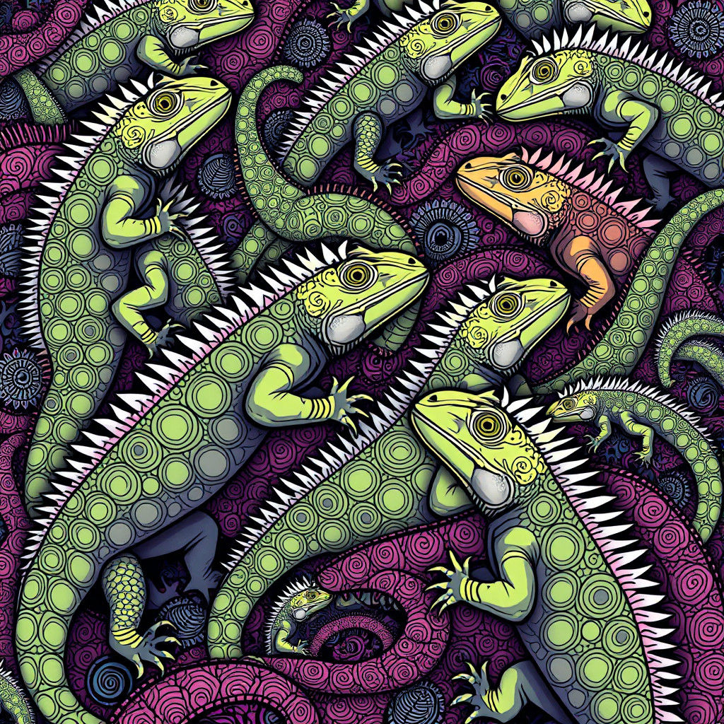 Psychedelic Iguanas in Doodle Art Style