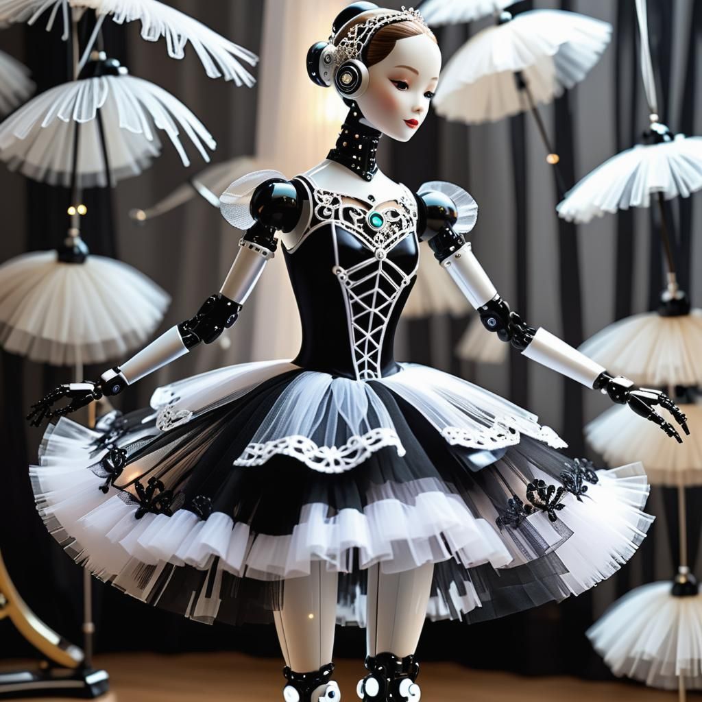 Elegant Robot Ballerina in Black and White Tulle
