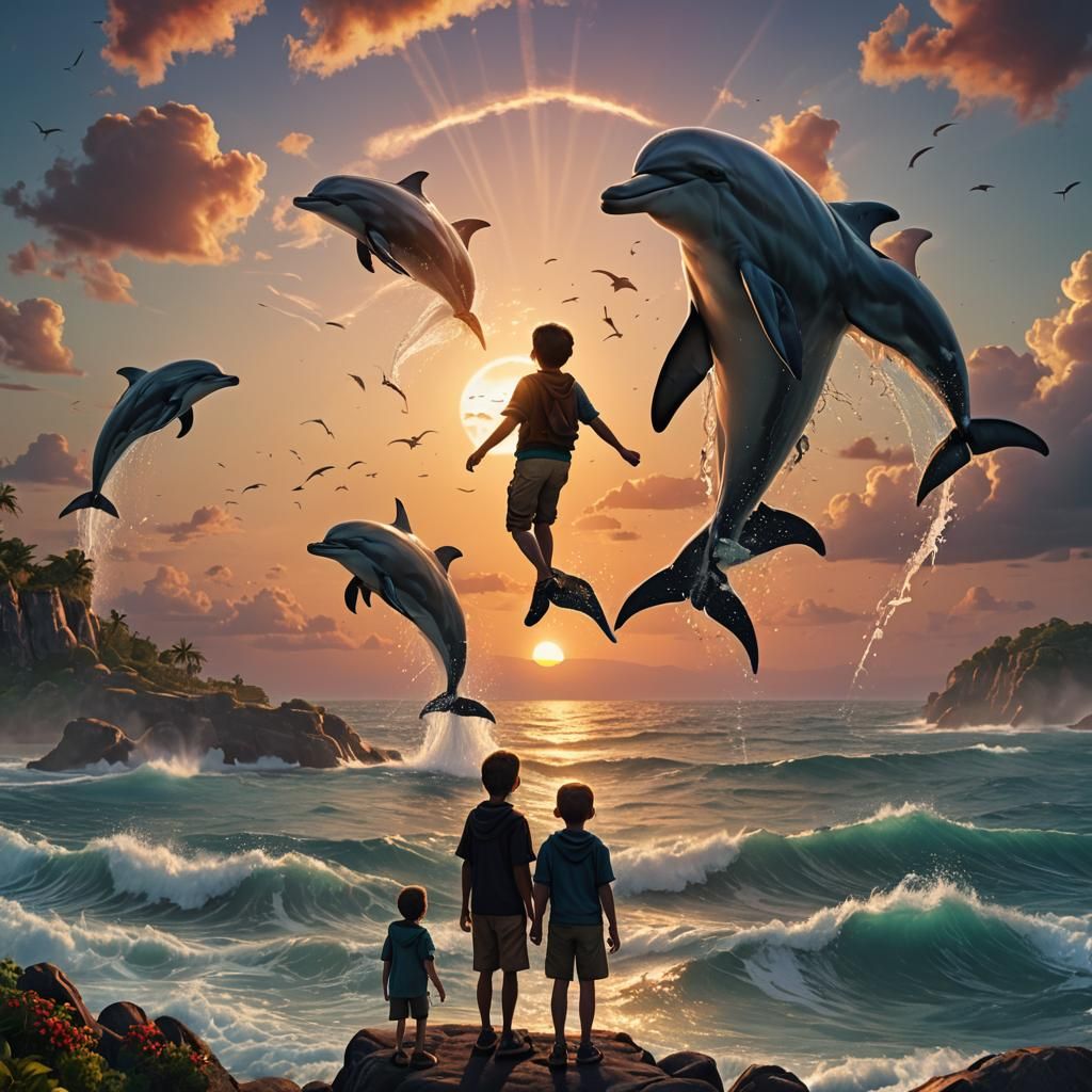 Kids Watch Dolphins Jumping at Sunset