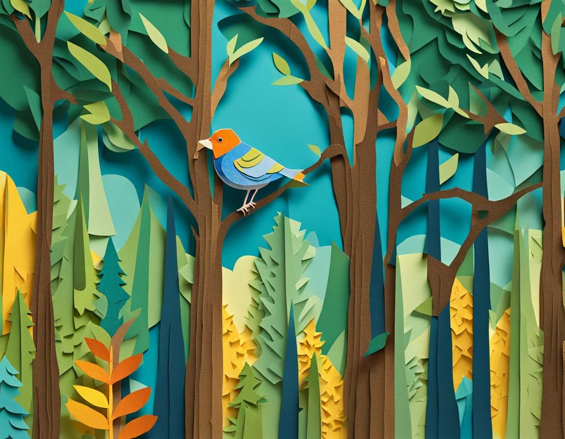 Whimsical Paper Collage of Forest and Bird