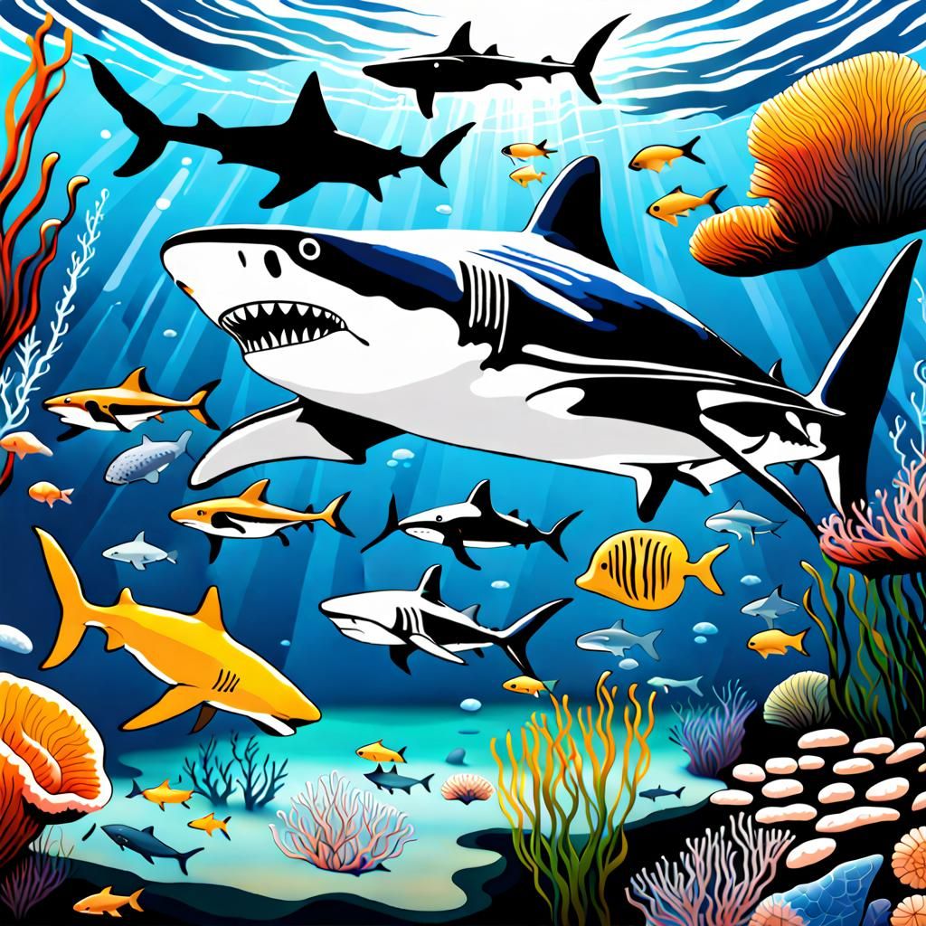 Shark Species in Ocean Habitat: Photorealistic Underwater Sc...