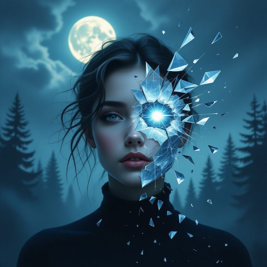 Crystalline Face Portrait in Stormy Landscape