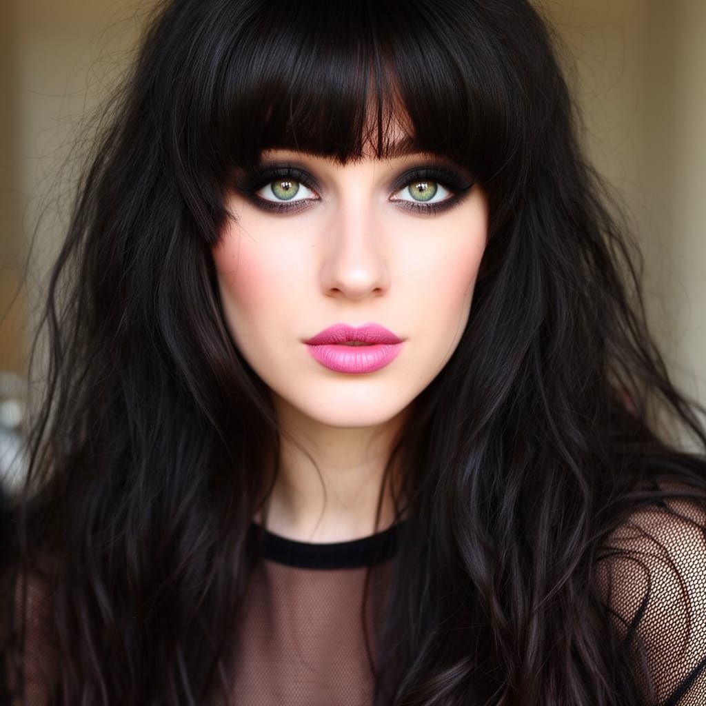 Woman Portrait with Wild Dark Hair and Green Eyes