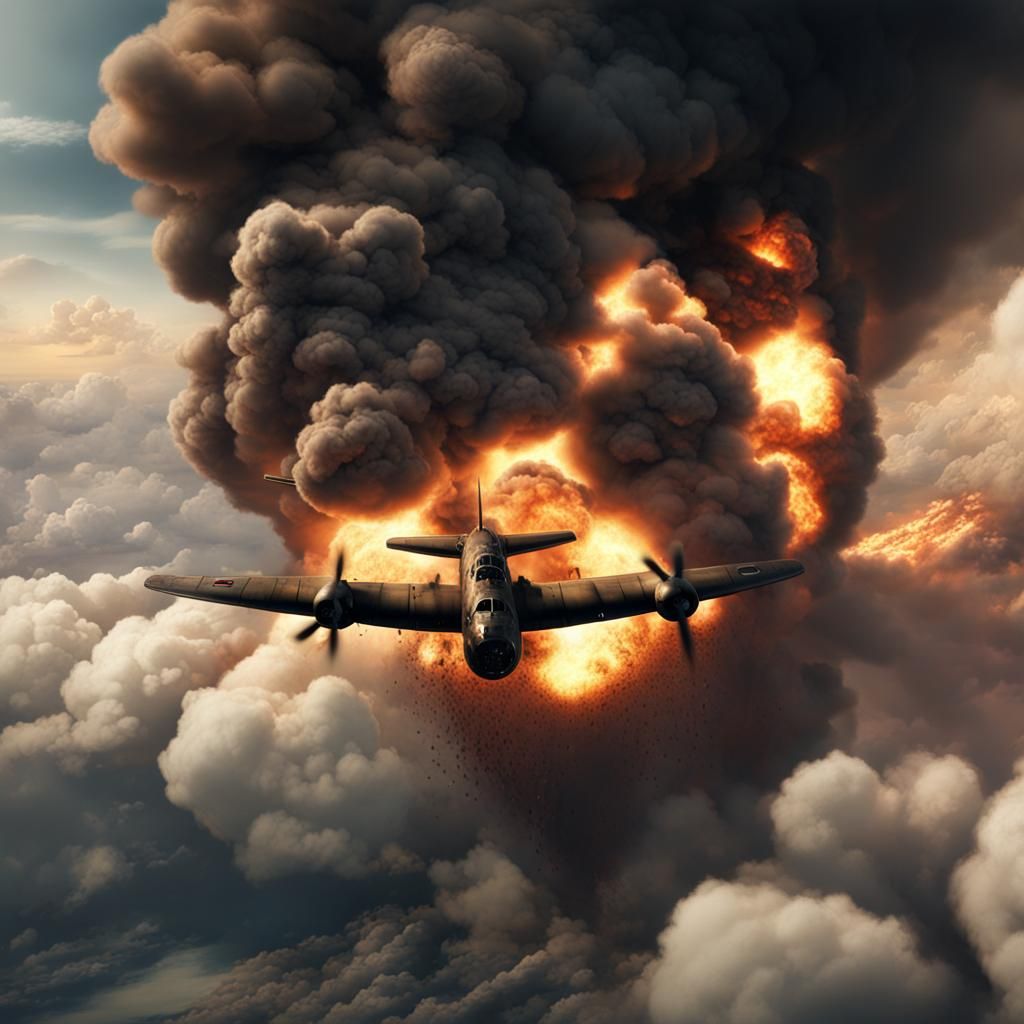 Burning WWII Bomber Hit by Rocket: Digital Matte Painting