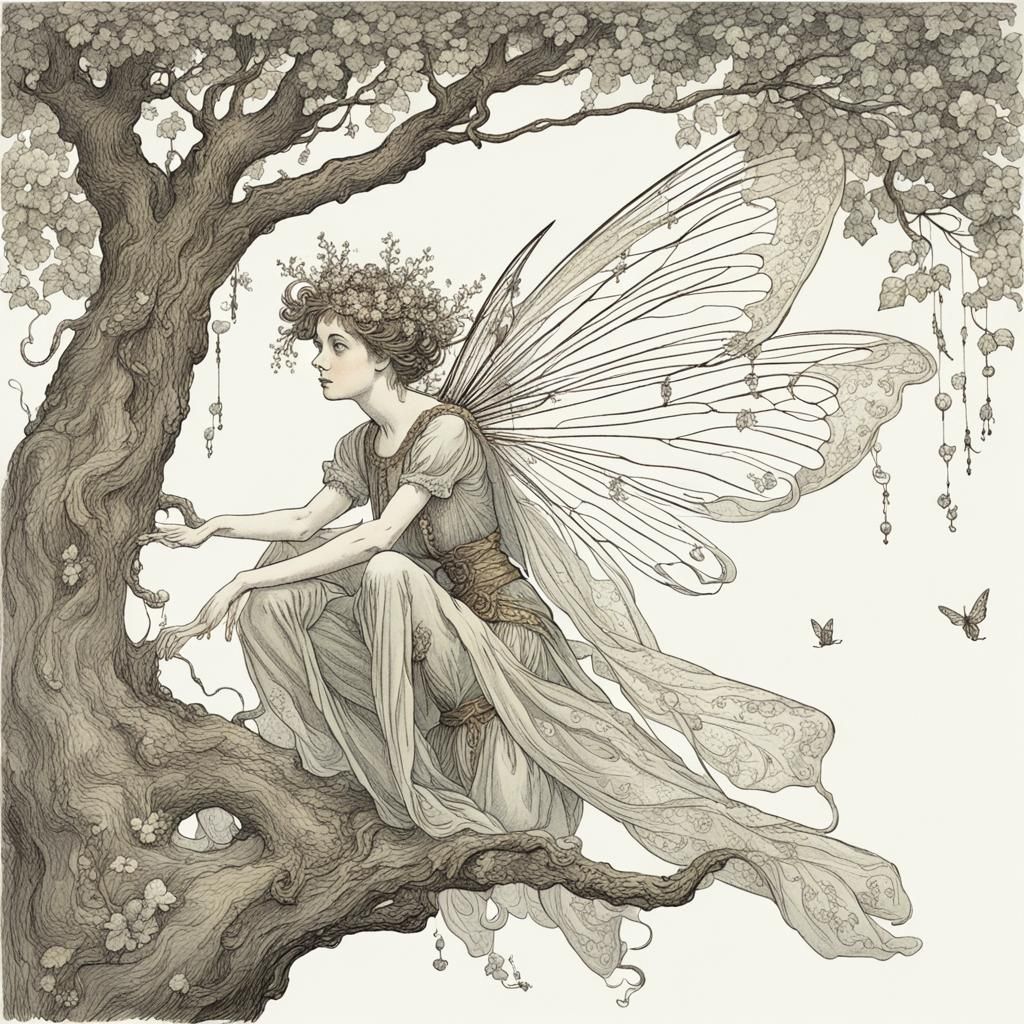 Whimsical Tree Spirit in Franklin Booth's Style