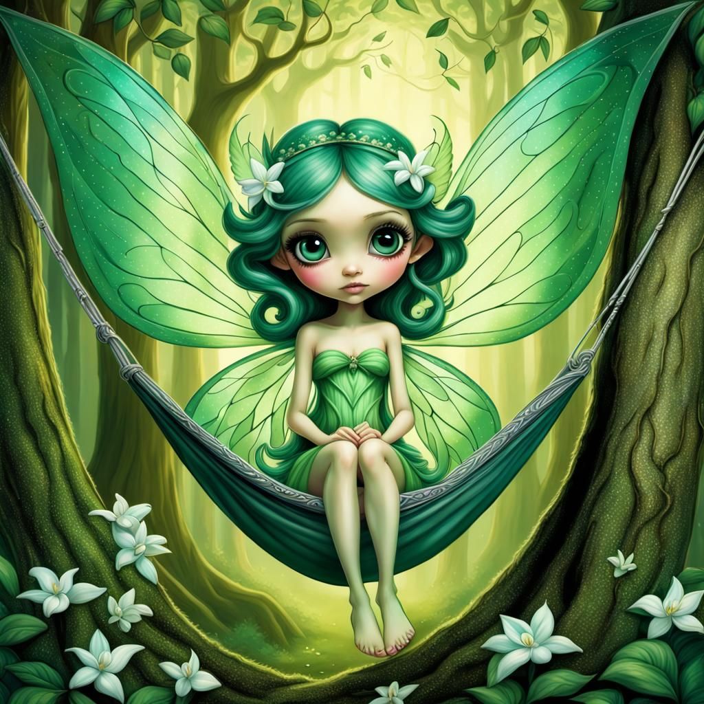 green Trees towering over a small Disney Pixar style 3D beautiful green fairy, tree fairy, sitting in hammock between tr...