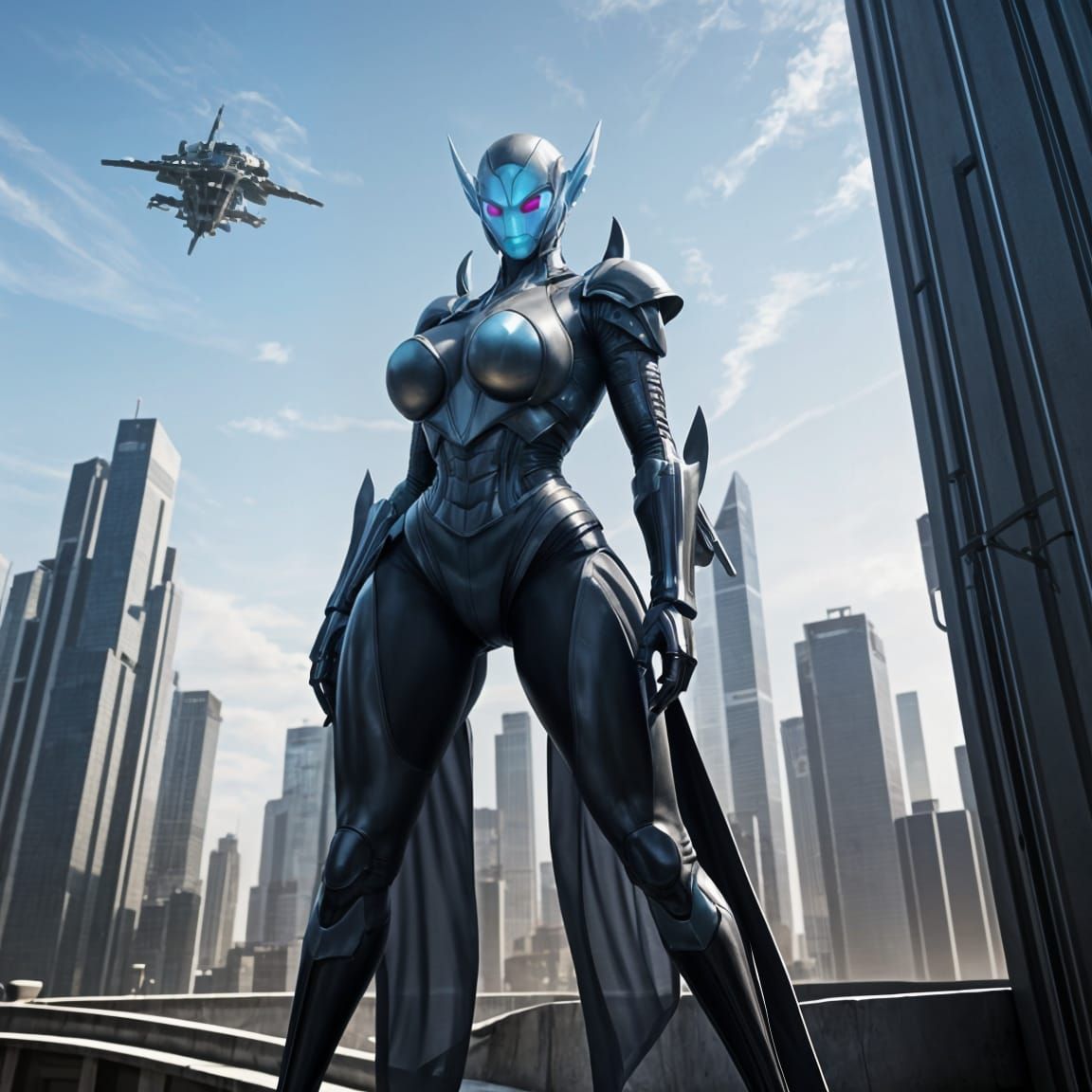 Cyberpunk Alien Warrior in High-Rise Cityscape