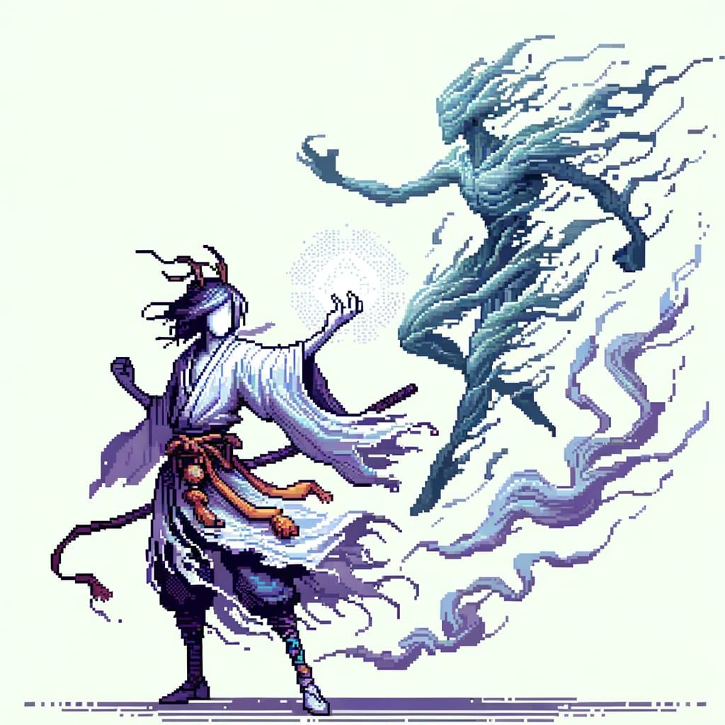 East Asian Mage and Shadow Warrior in Pixel Art