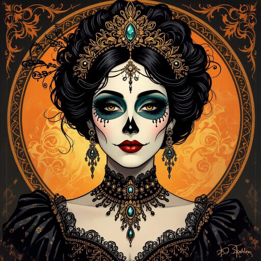 Elegant La Catrina Portrait in Sparkling Mixed Media Style
