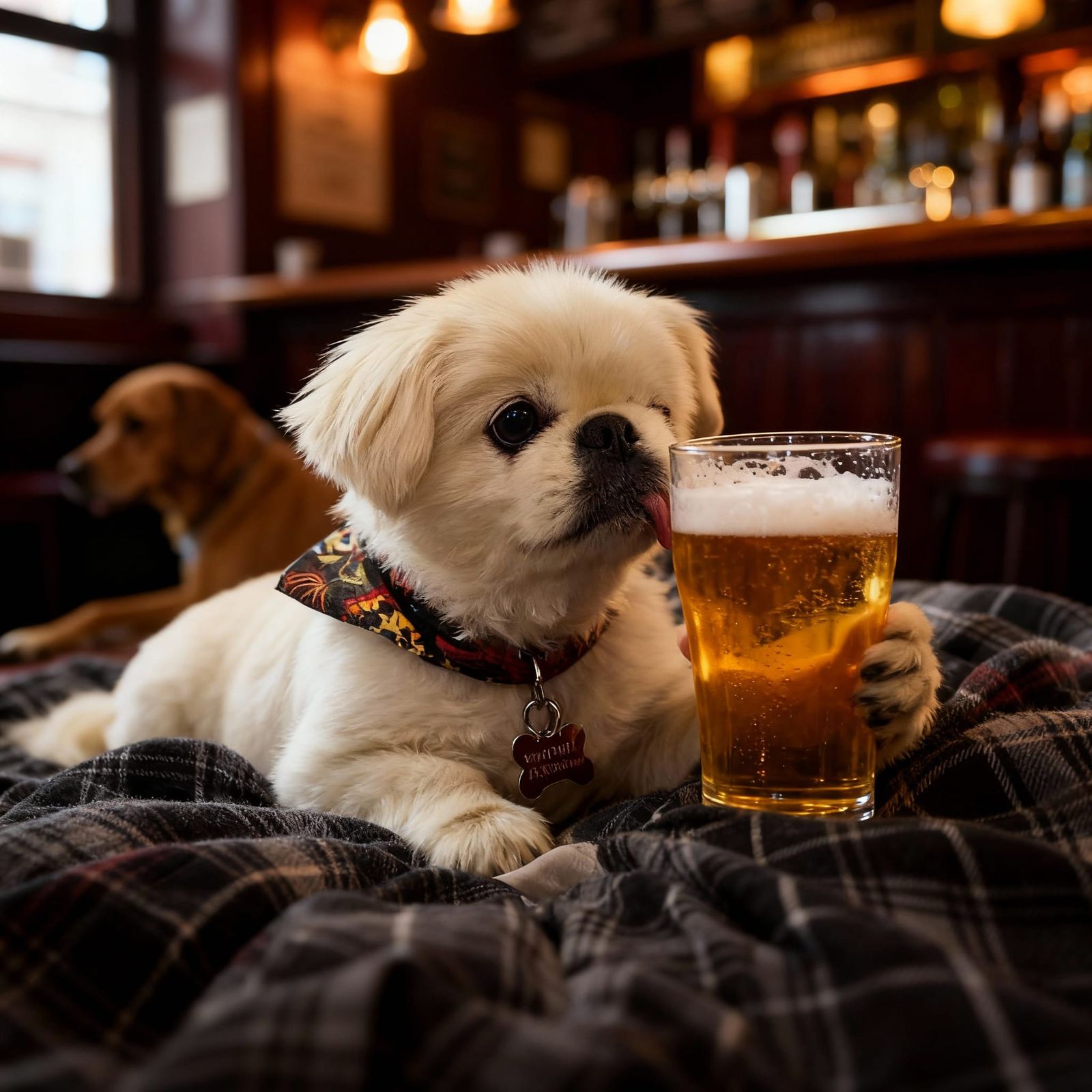 One-Eyed Pekingese Enjoys Beer at Pub