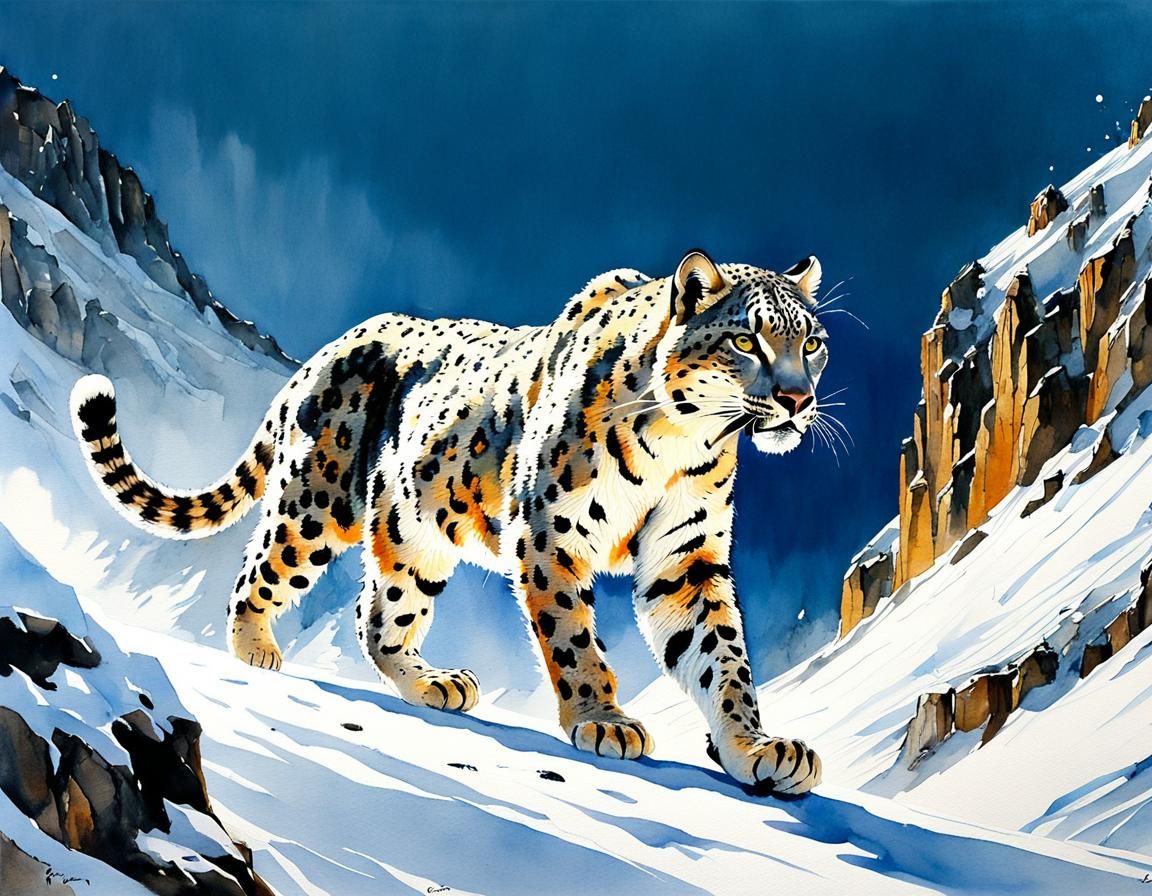 Snow Leopard Hunt in Watercolor Style