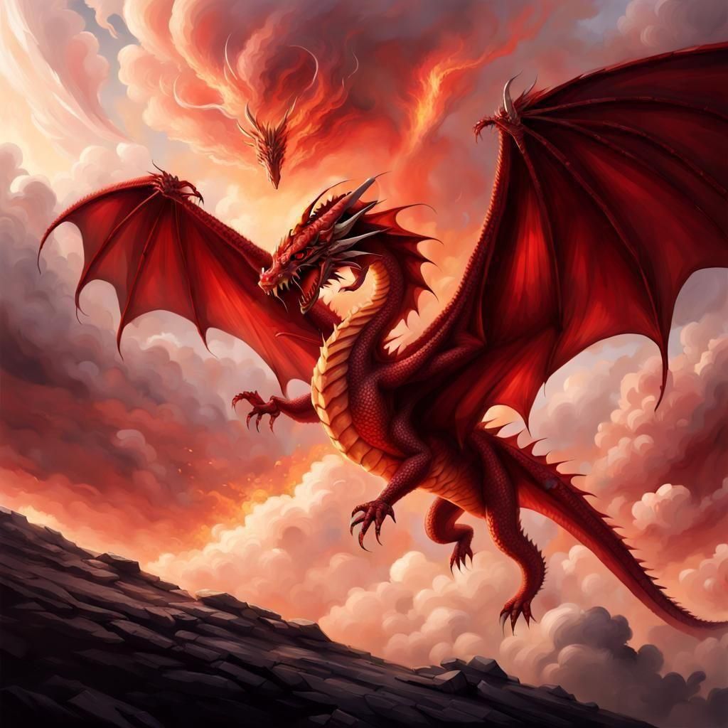 Wingless Red Dragon Soaring Through Fiery Sky