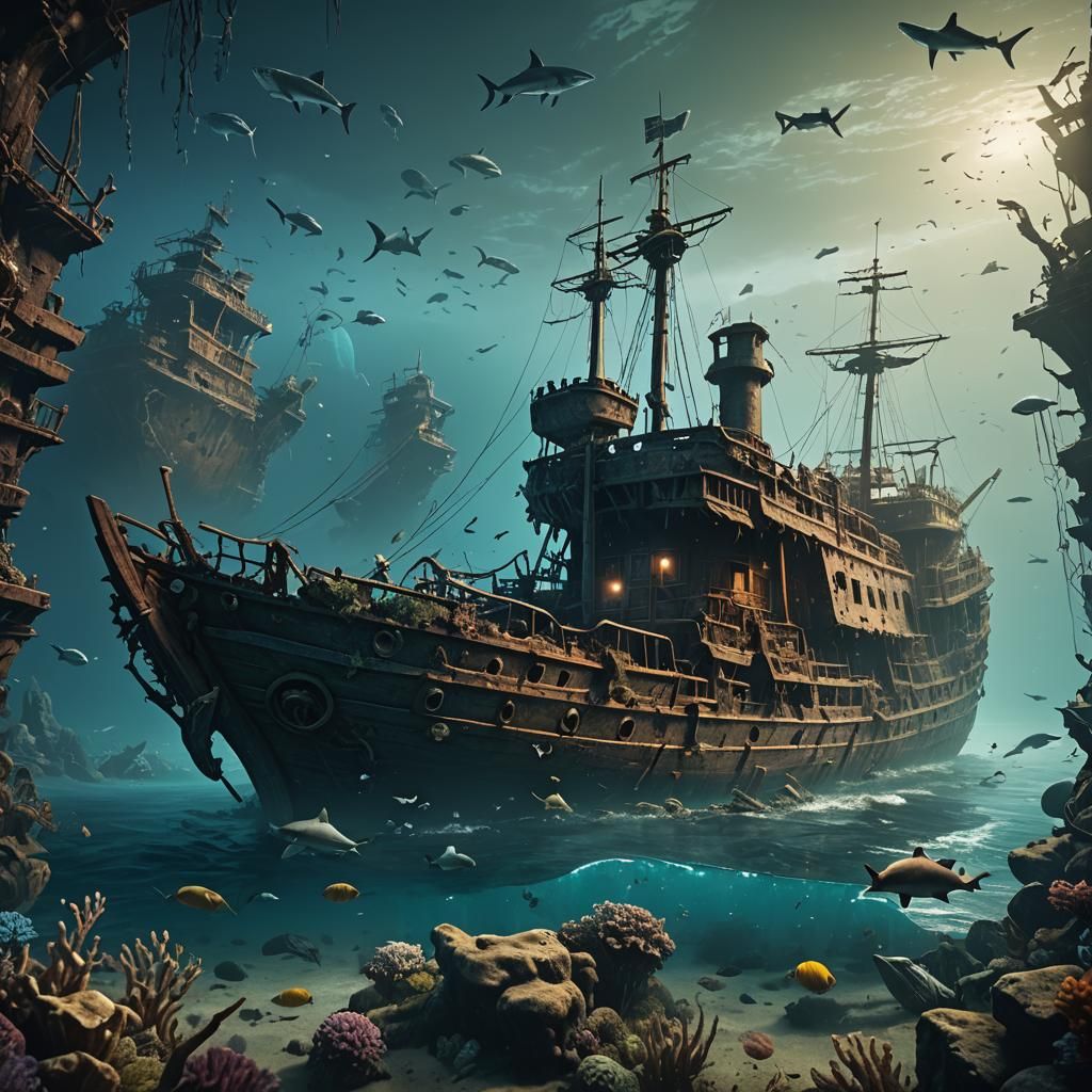 Eerie Underwater Shipwreck in Detailed Digital Painting