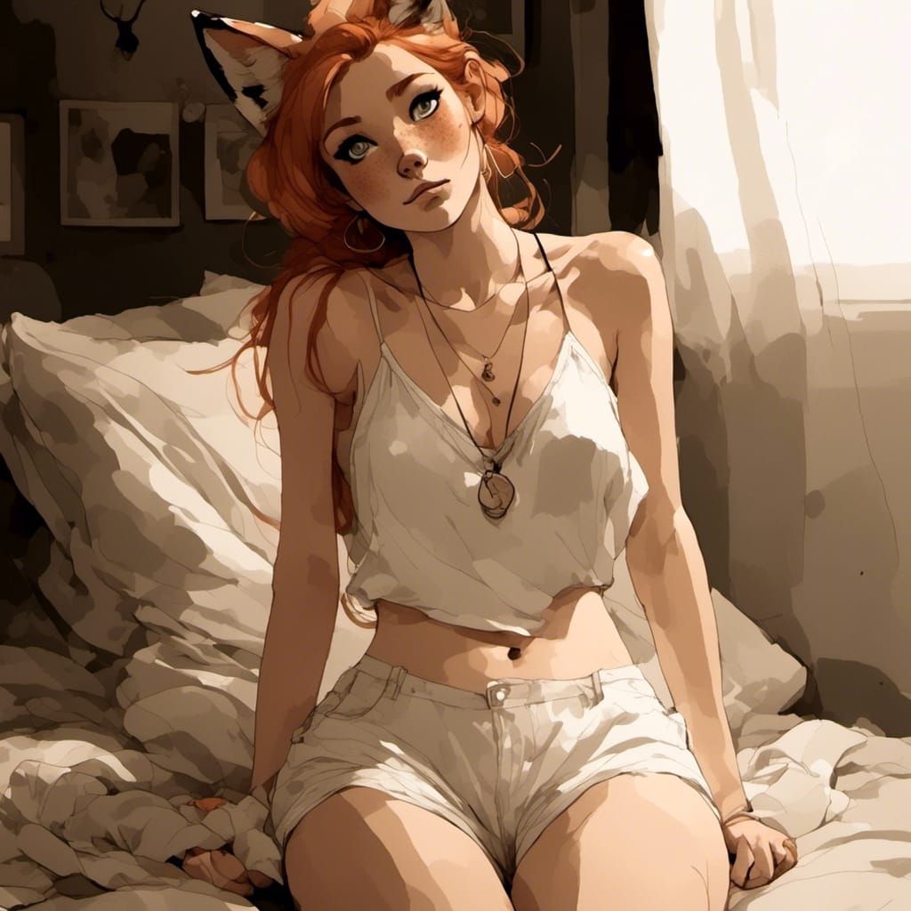 Fox-girl VIXEN sitting on her bed.