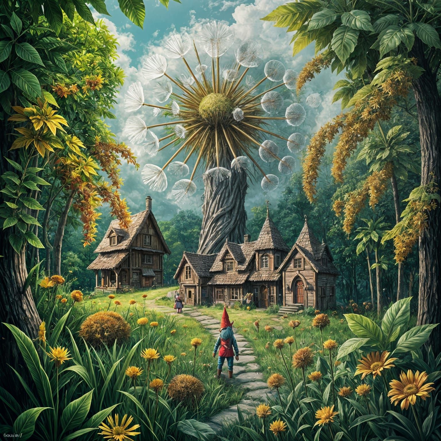 Gnome Village with Giant Ant in Graffiti Art Style