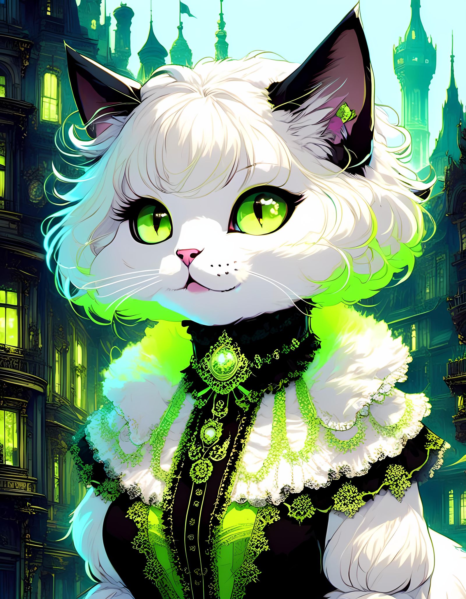 Chartreuse Cat-Woman in Glitchcore Victorian Cityscape