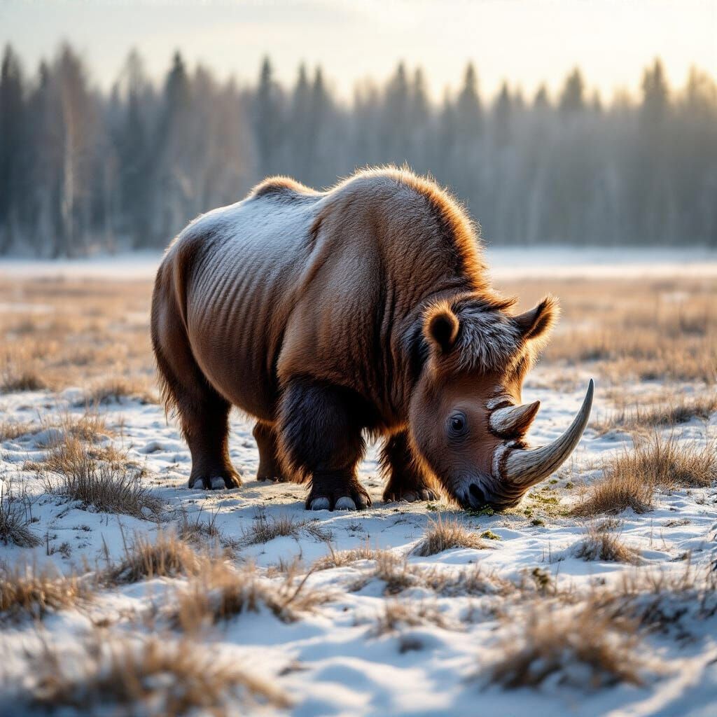 Woolly Rhinoceros Seeks Fodder on Winter Grassland