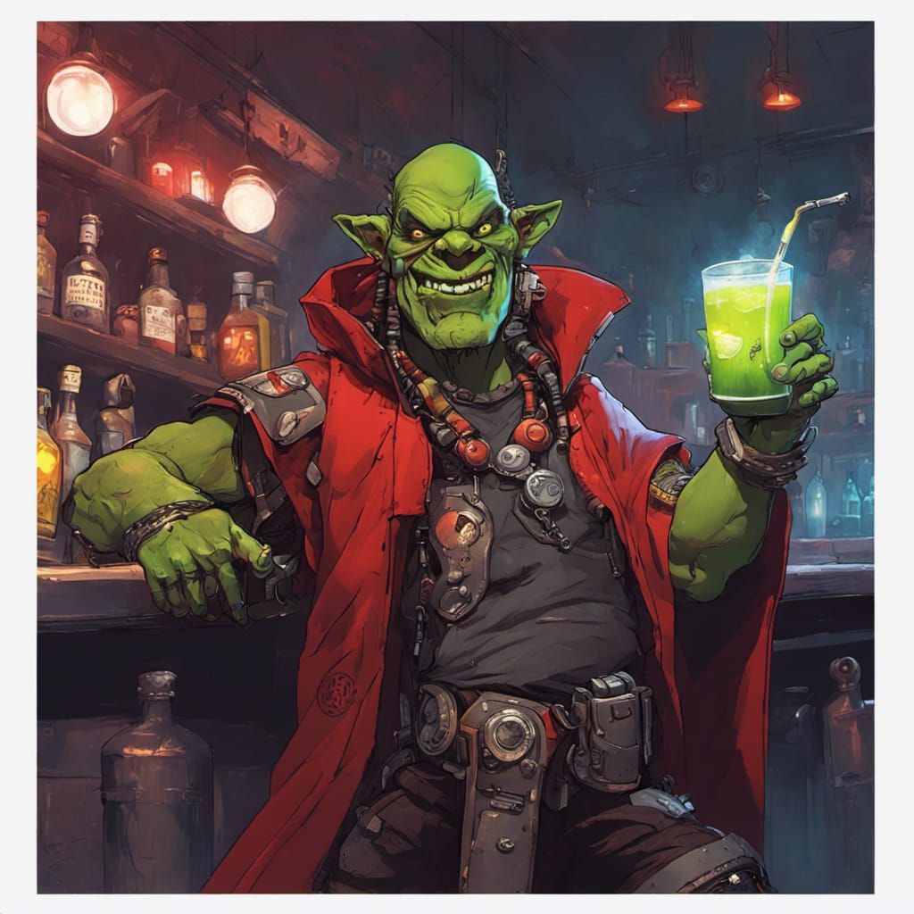 Warhammer Ork in Cyberpunk Bar with Cocktail