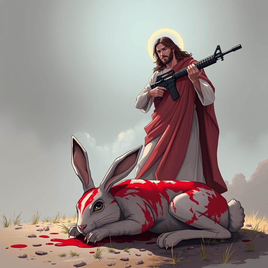 Jesus in Anime-Style, Holding AK-47 Over Defeated Easter Bun...