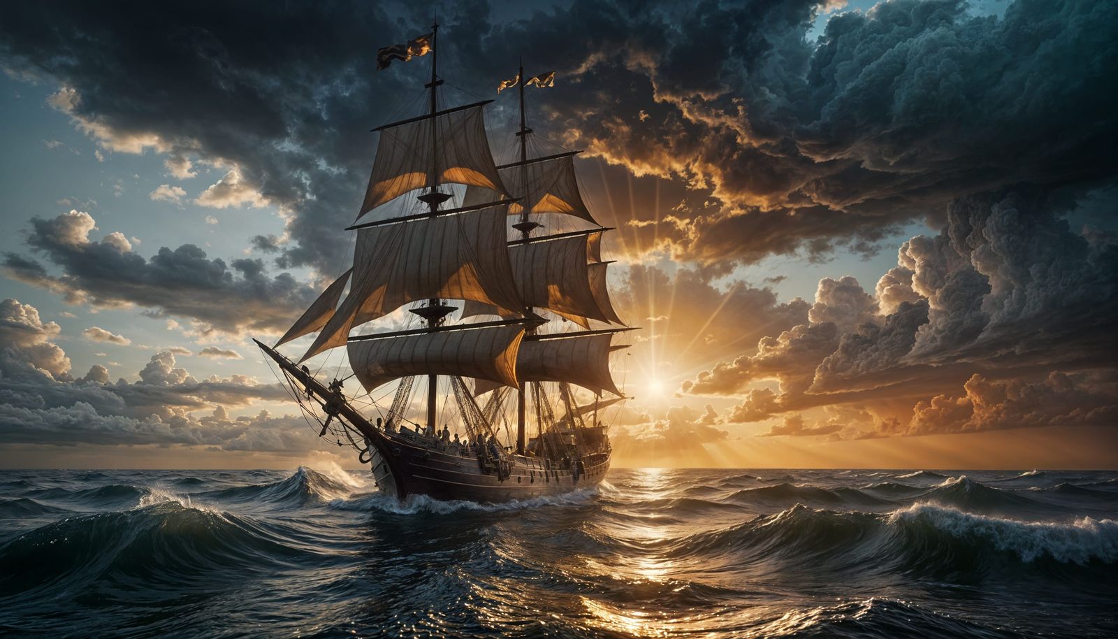 Majestic 18th-Century Sailing Ship at Sunset