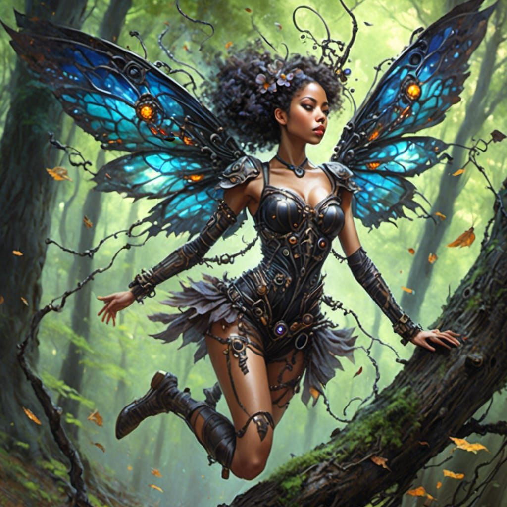 Cyborg Pixie Flight Through Prismatic Forest