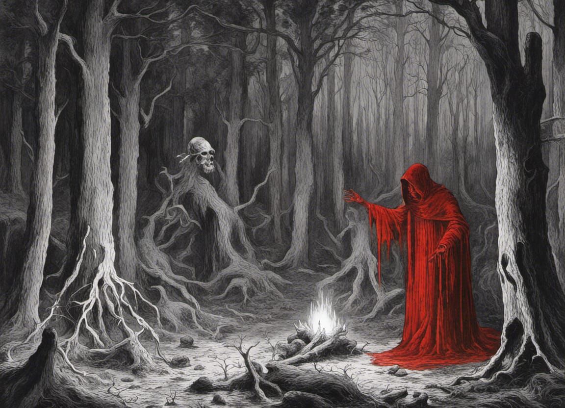 Dark Occult Ritual in Forest, Doré Style