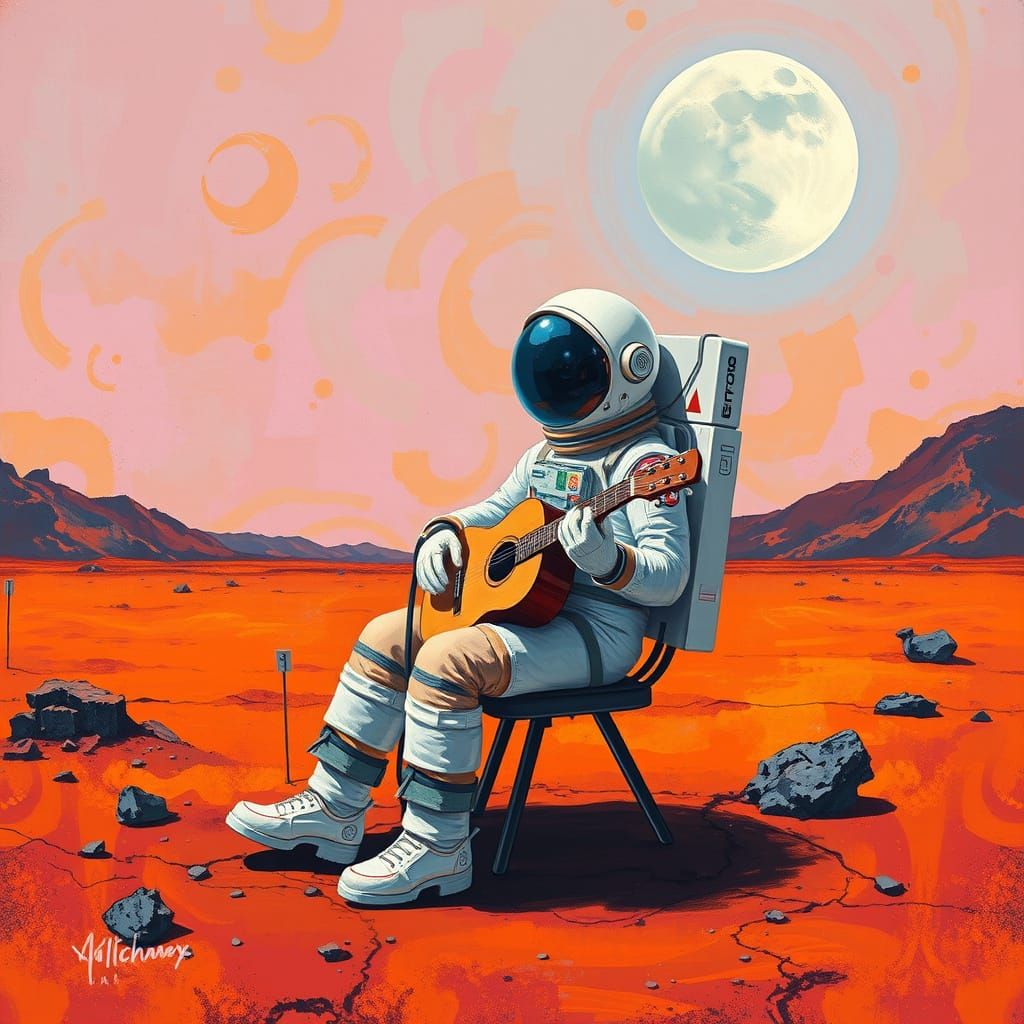 Vibrant Astronaut Plays Guitar on Mars under the Glowing Moo...