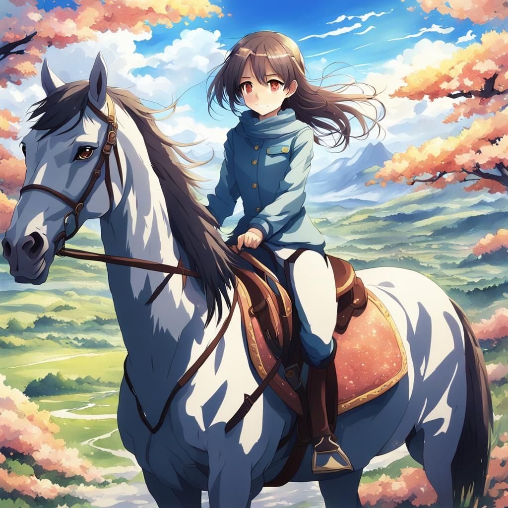 Anime Girl Riding Horse Digital Art
