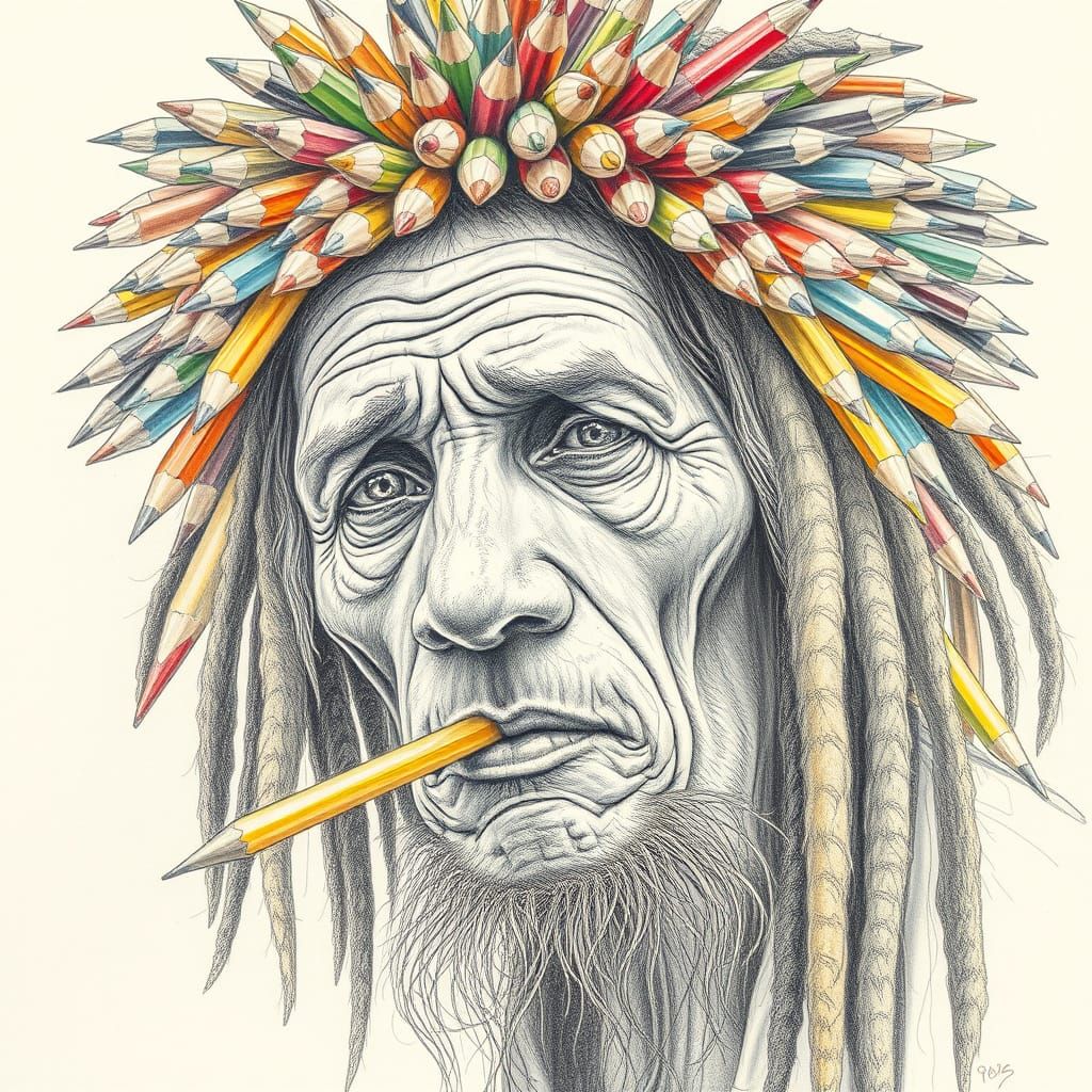 Rasta Man's Hair Made of Pencils, Surreal Sketch