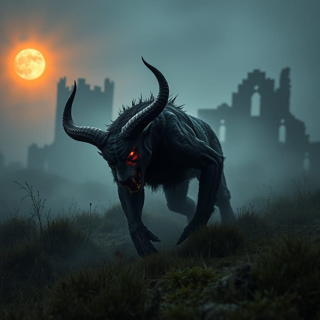 Eerie Horned Creature Stalks Foggy Moor