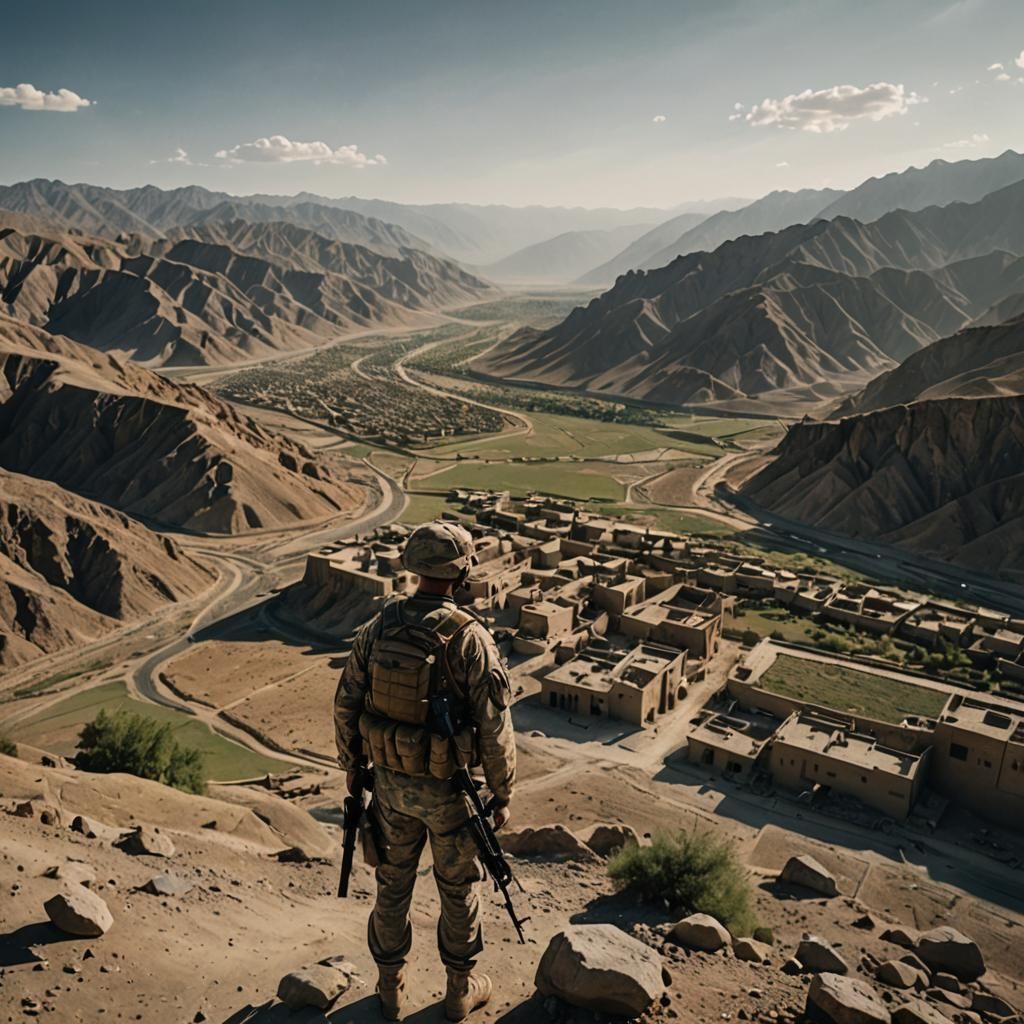US Soldier Overlooking Afghan Valley: Cinematic Film Still