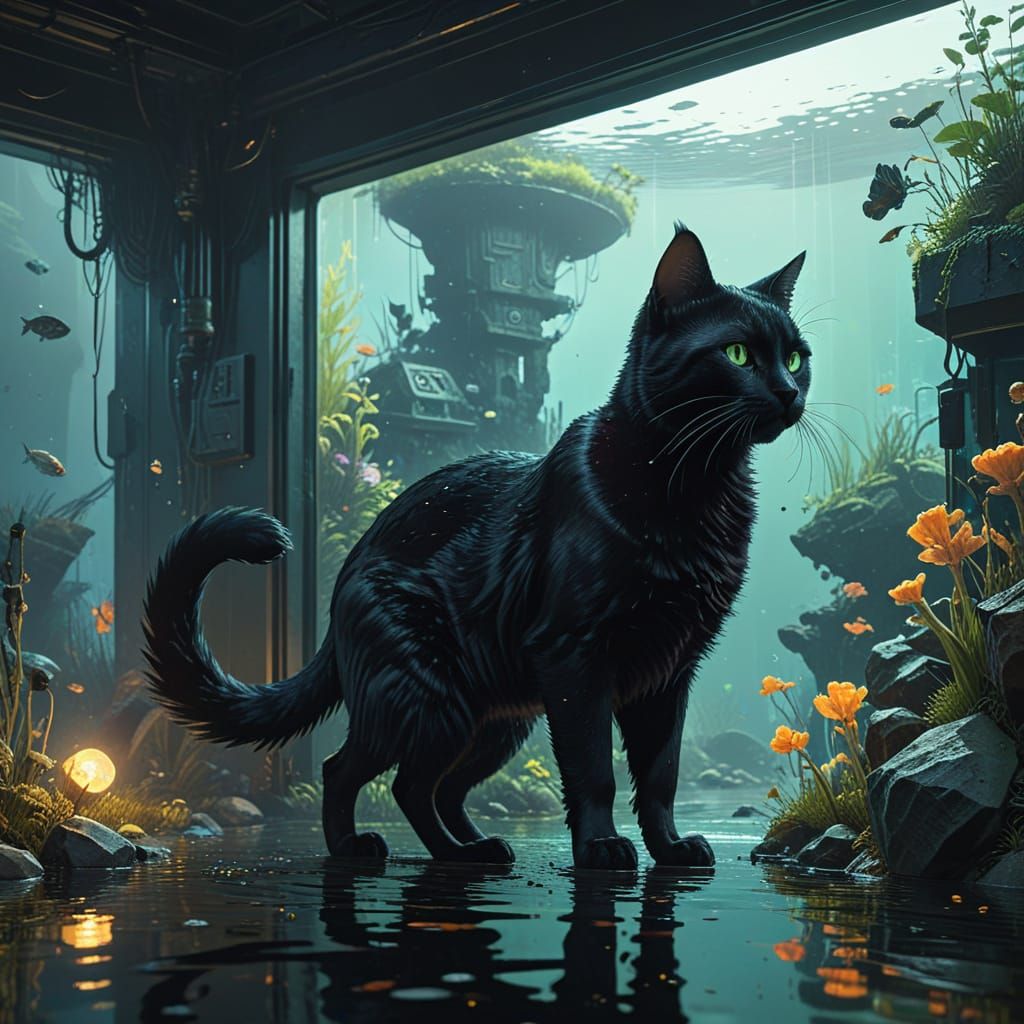 Majestic Black Cat in a Whimsical Dreamlike Scene