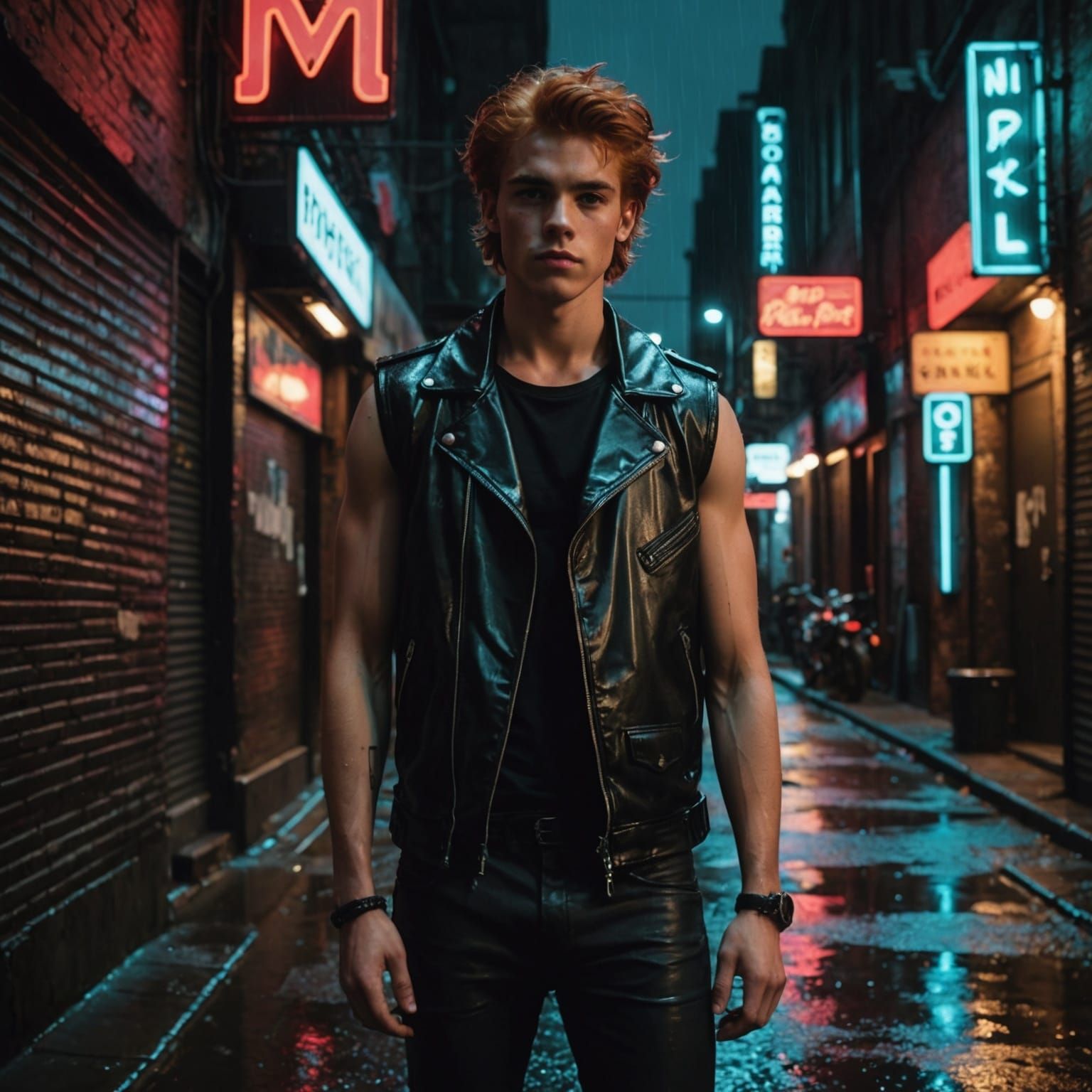 Cinematic Youth in Rainy Neon Alley