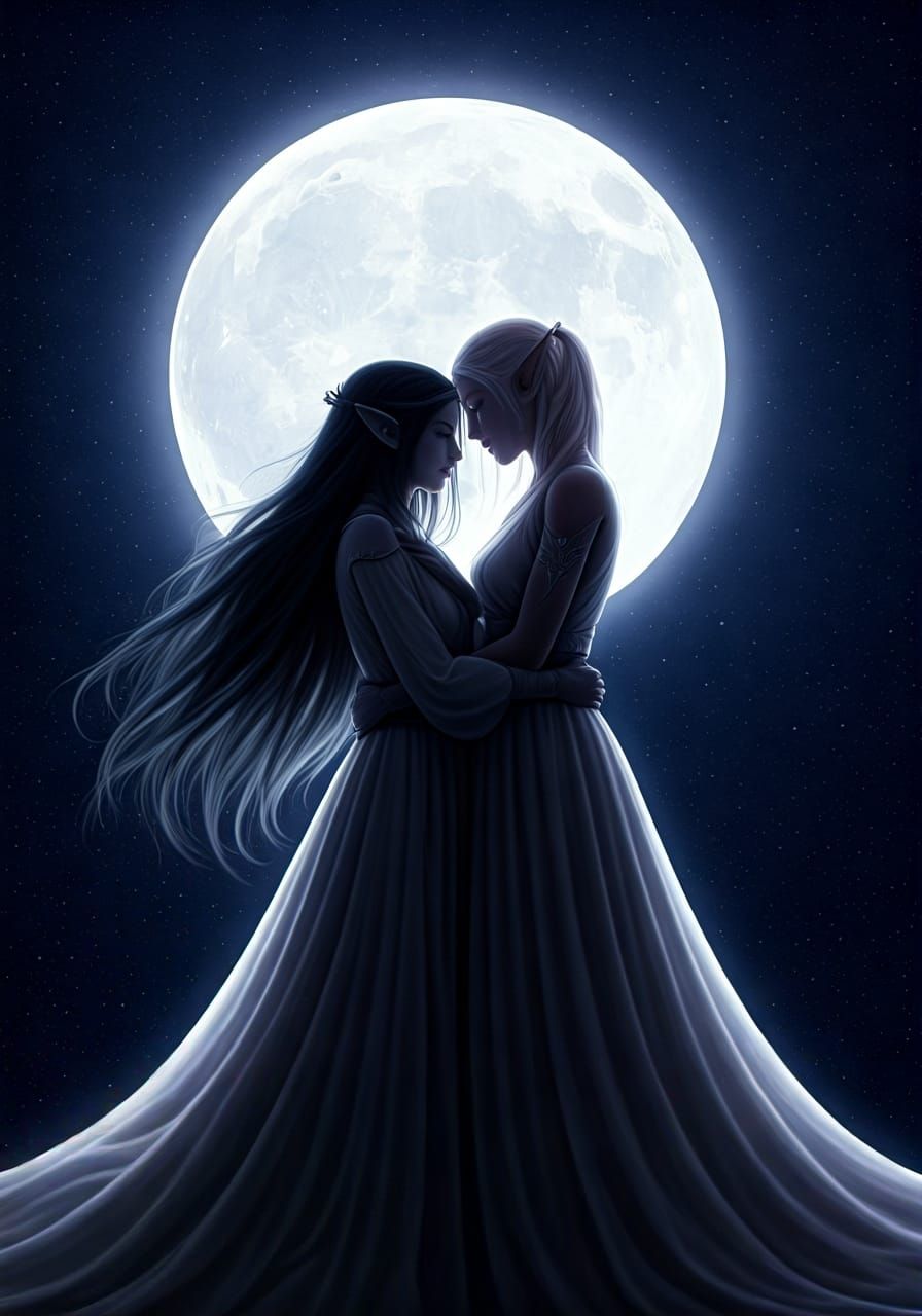 Elven Lovers Embrace in Moonlit Fantasy Art