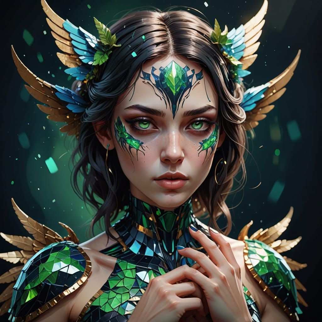 Klimt-Inspired Demon Goddess with Shimmering Wings and Glitt...