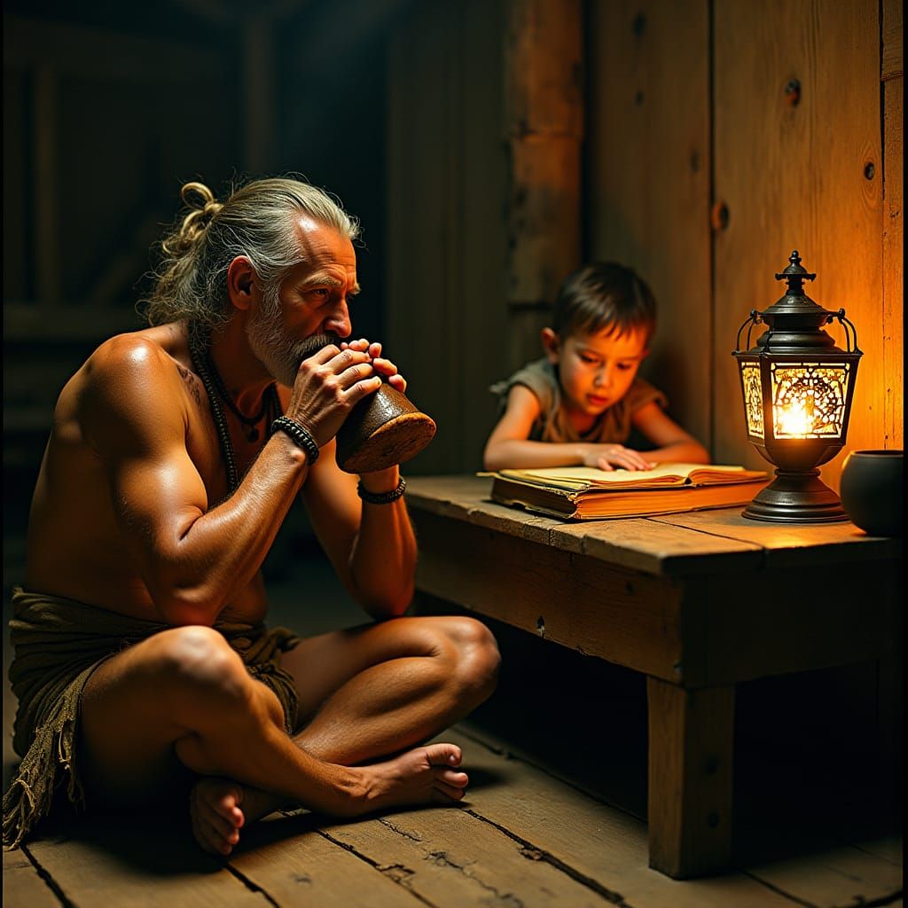Tribal Scene: Man, Child, and Lantern Light