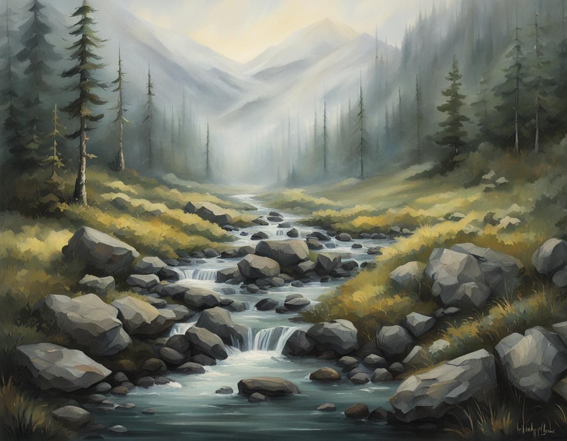 Mist-Shrouded Mountains: Whispers of the Winding Brook