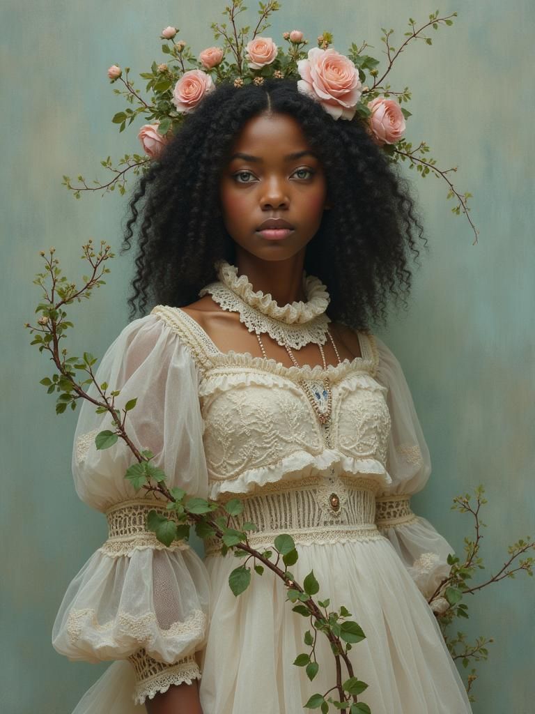 Ethereal Woman in Victorian Lace: Mystical Realism Portrait